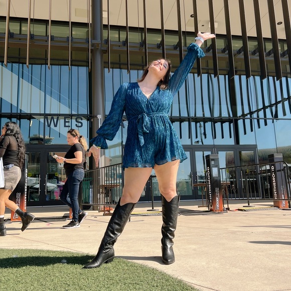 LuLu’s Shimmery Blue Wrap Romper - Picture 2 of 2